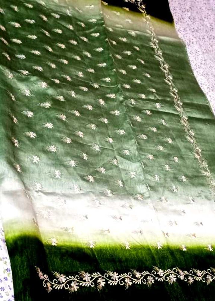 Elegant Green &amp; White Embroidered Saree