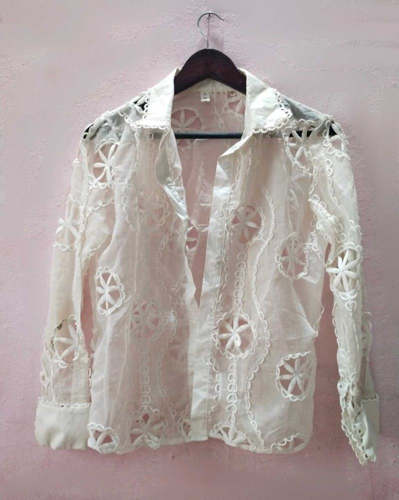 Elegant White Cutout Sheer Blouse