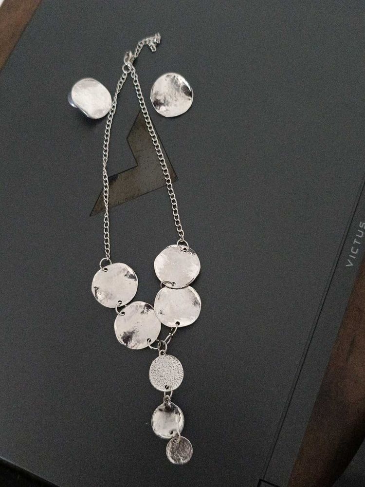 Silver Y Shape Coin Necklace Set With Earrings