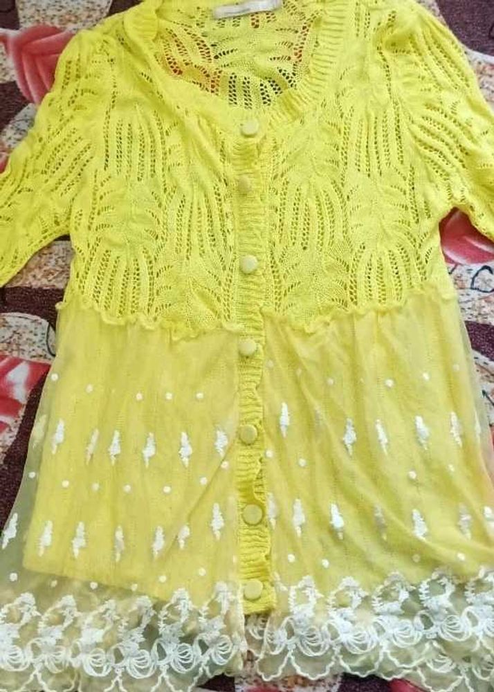 Yellow Knit Button-Down Top