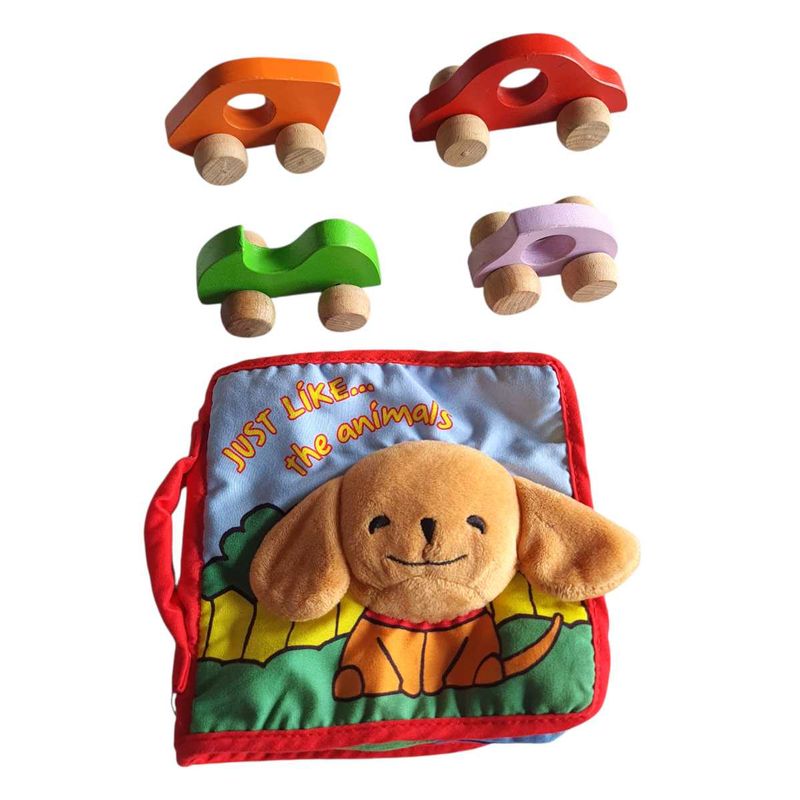 Cloth Book &amp; 4 Wooden Car