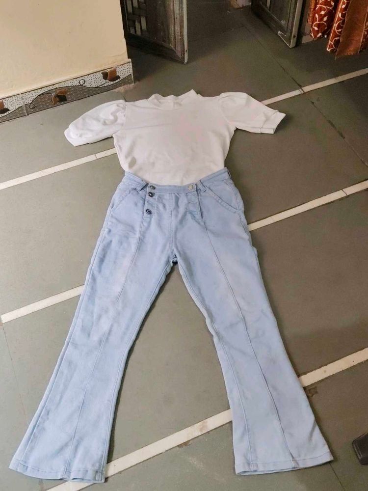 Combo Of White Puffed Sleve Top And Bell Bottom