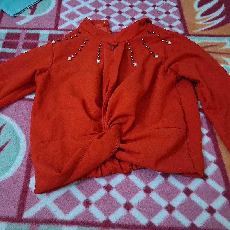 Red Embellished Knot-Front Top