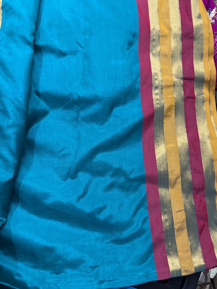 Silk Saree Fabric - Teal &amp; Gold