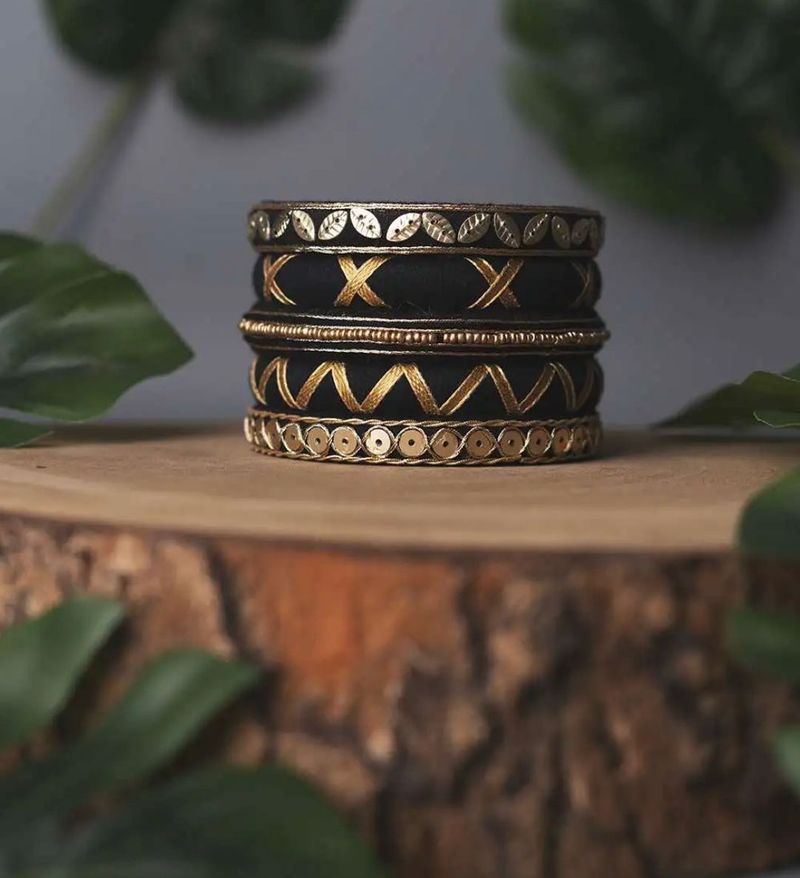 Black &amp; Gold Embroidered Bangles (Set of 4)