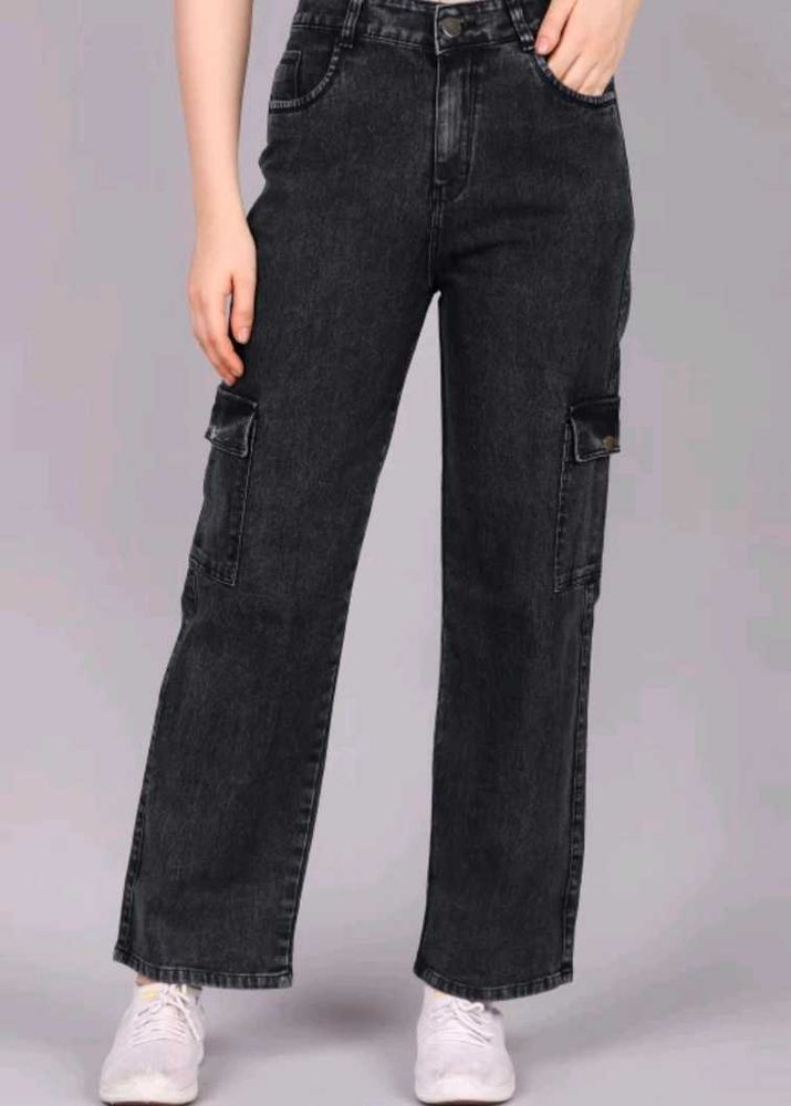 Wide Leg Black Denim Cargo Jeans