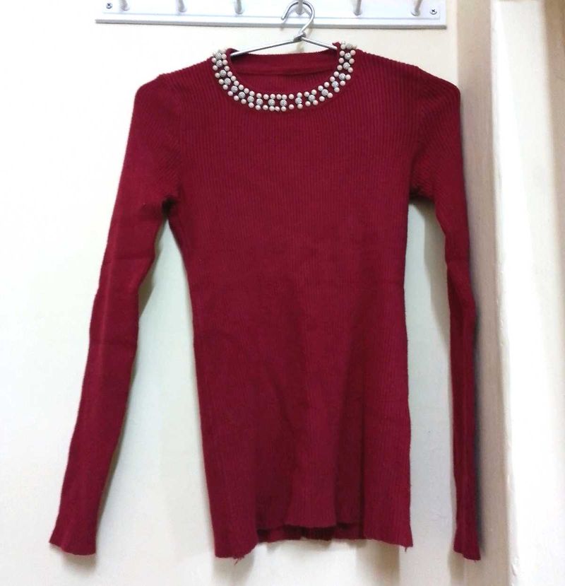 Red Knit Top with Pearls