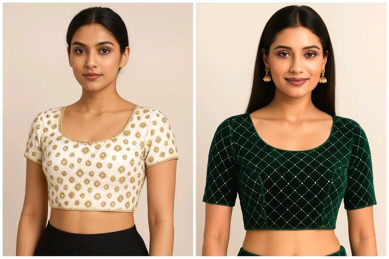 Embroidered White And Green Velvet Blouse