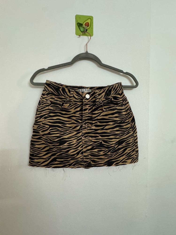 Tiger Print Denim Mini Skirt