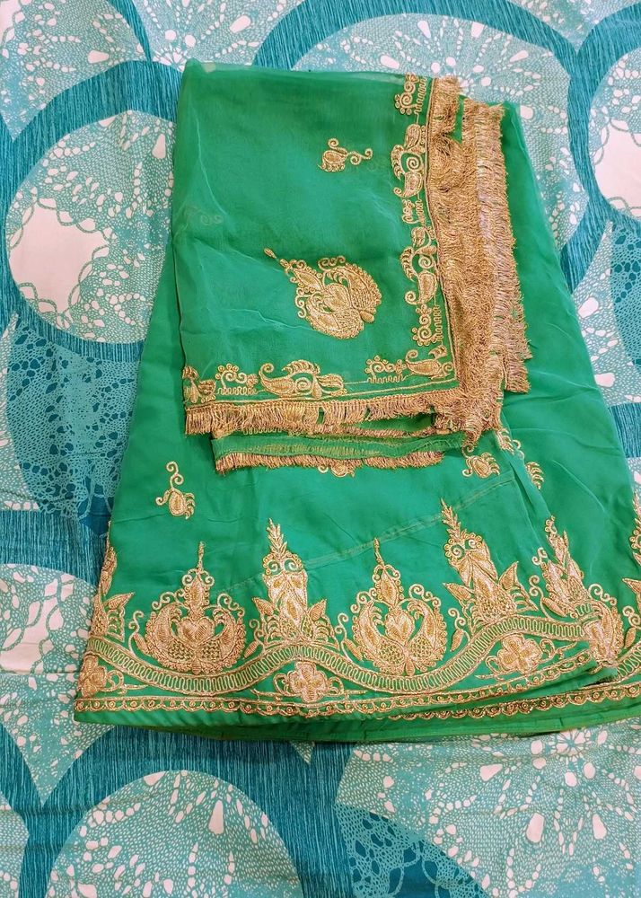 Green &amp; Gold Embroidered Sari