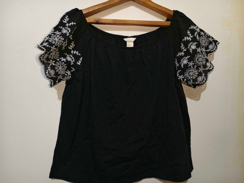 H&amp;M Black Embroidered Top Medium/ Large Size
