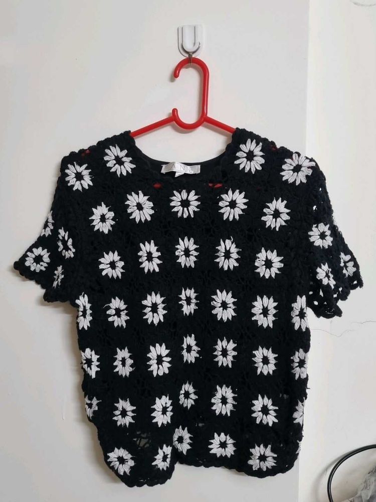 Black Crochet Floral Top