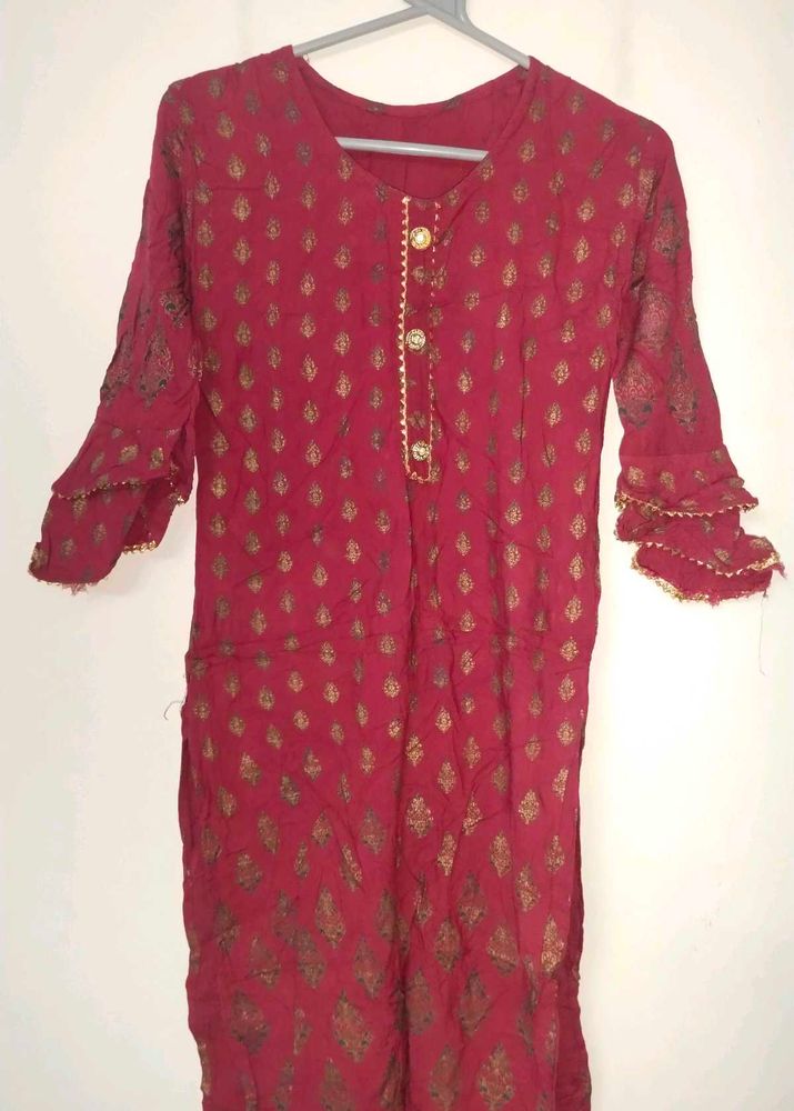 Maroon &amp; Gold Print Kurti With Plazzo
