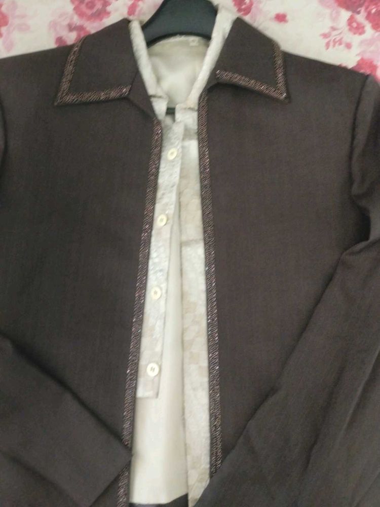 Brown Beaded Trim Blazer