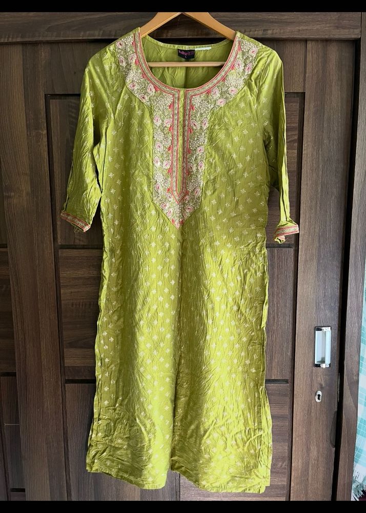 Lime green Silk Yoke embroidered kurta