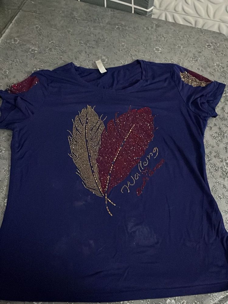 Navy Blue Feather Embellished Tee