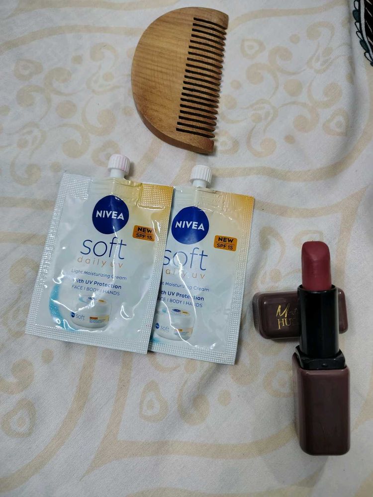 Wooden Comb,  Lipstick And Two Nevea Spf Creams