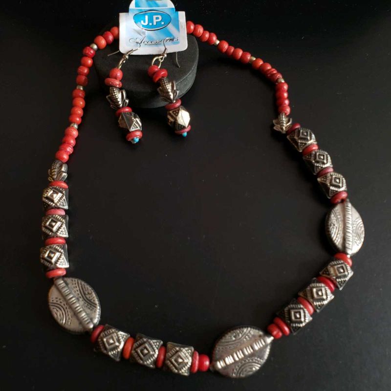 Bohemian Red &amp; Silver Tone Beaded Jewelry Set
