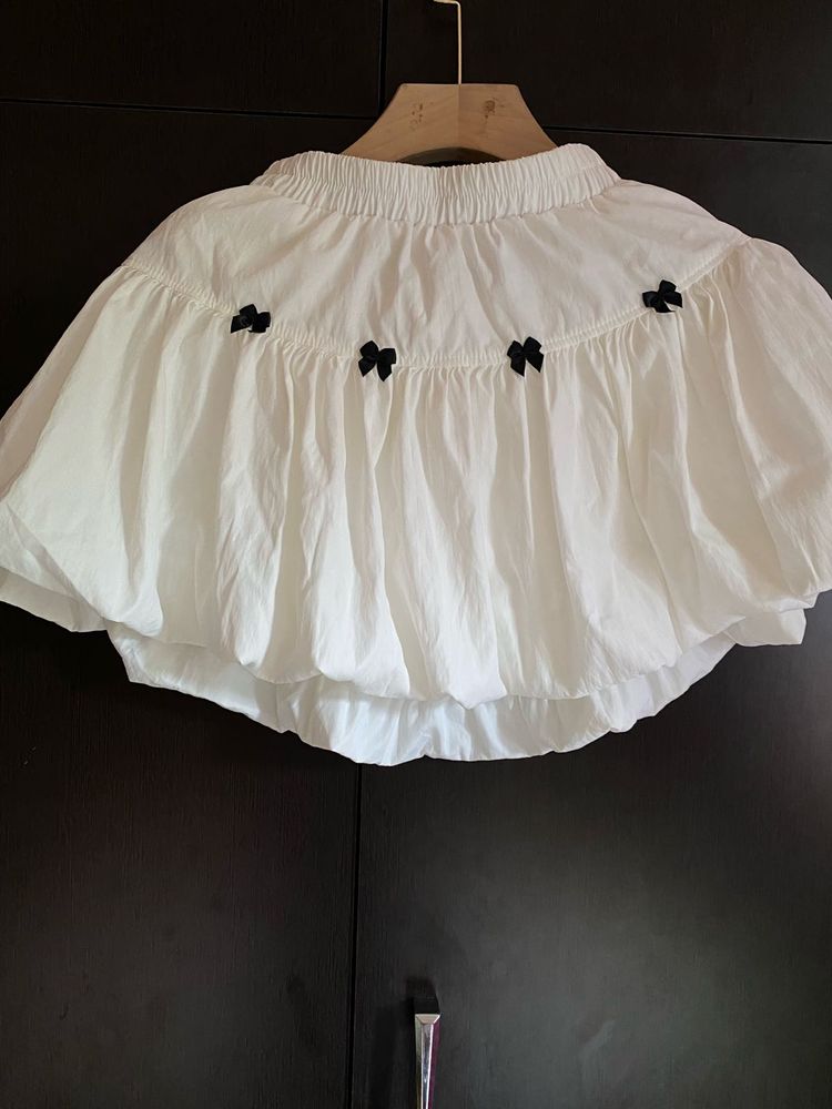 White Puff  Skirt with Black Bow Accents
