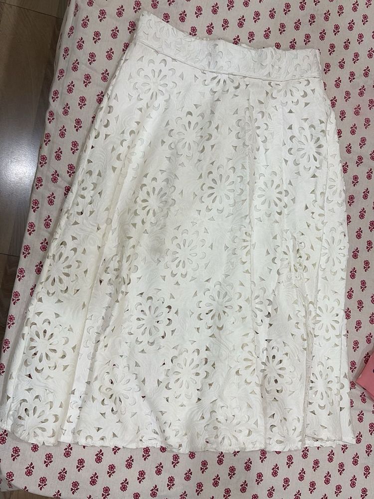 White Floral Cutout Midi Skirt