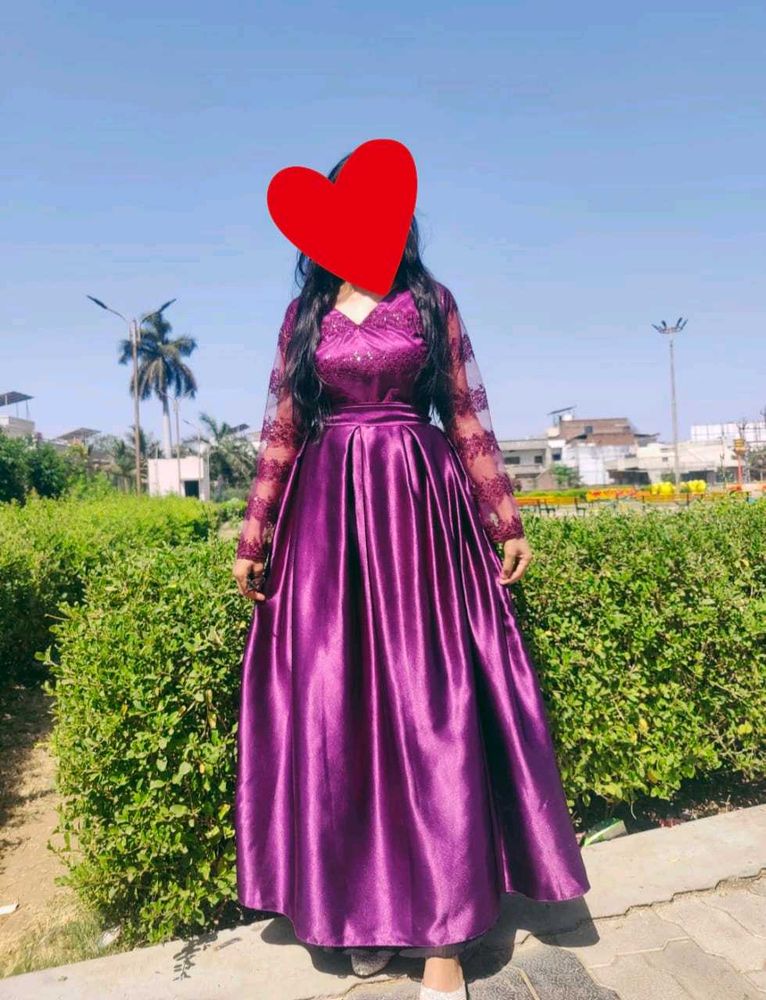 “Elegant Purple Silk Gown with Lace Sleeves