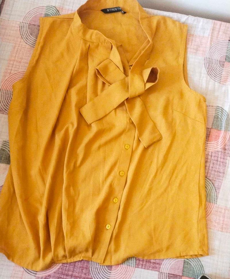 Mustard Sleeveless Bow Top