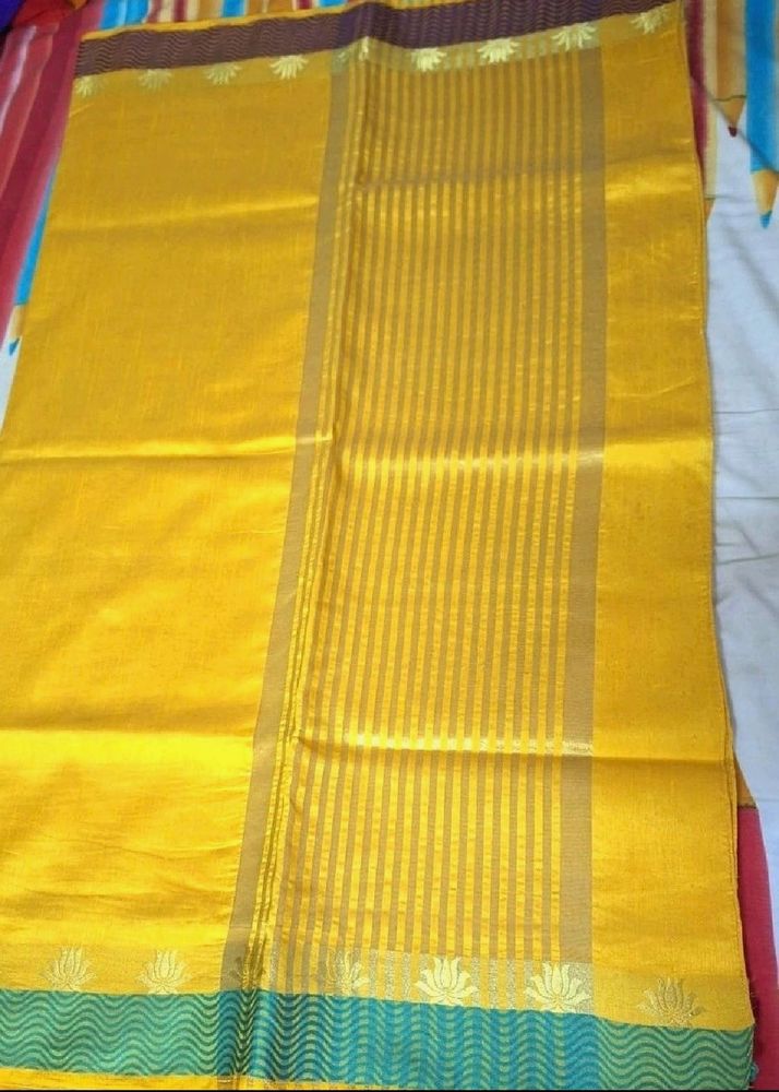 Elegant Bright Yellow Saree with lotus motifs