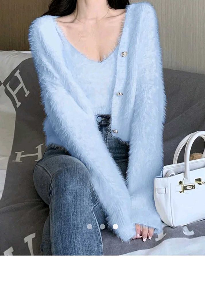 Fluffy Sky Blue Cardigan Set