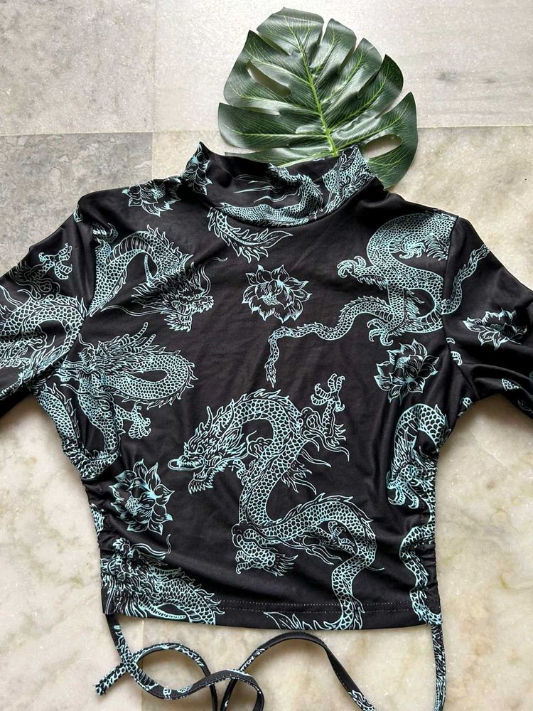 Dragon Print Turtleneck Crop Top
