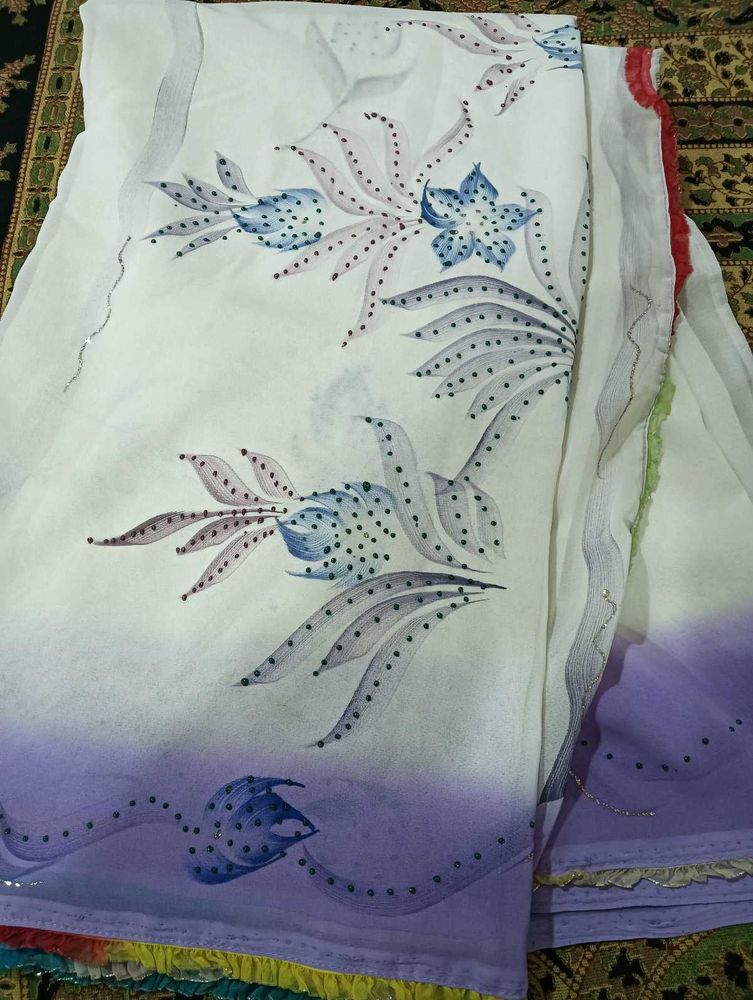 Floral white purple colour Saree