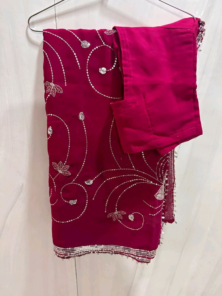 Sequence Work Rani Pink Saree