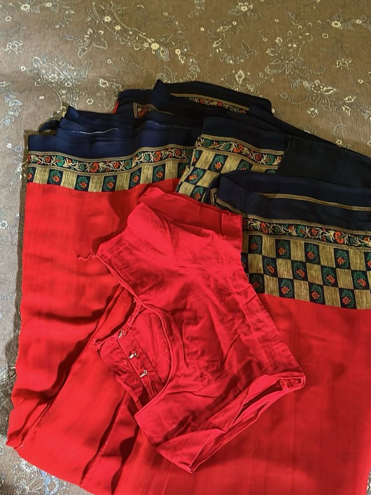 Red &amp; blue print saree with blouse