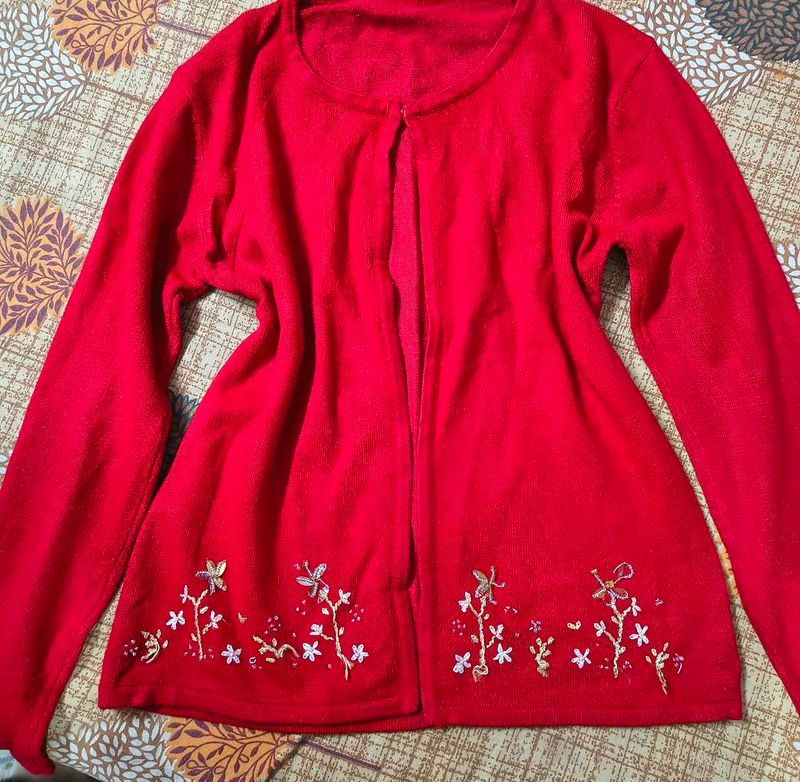 Red Embroidered Cardigan