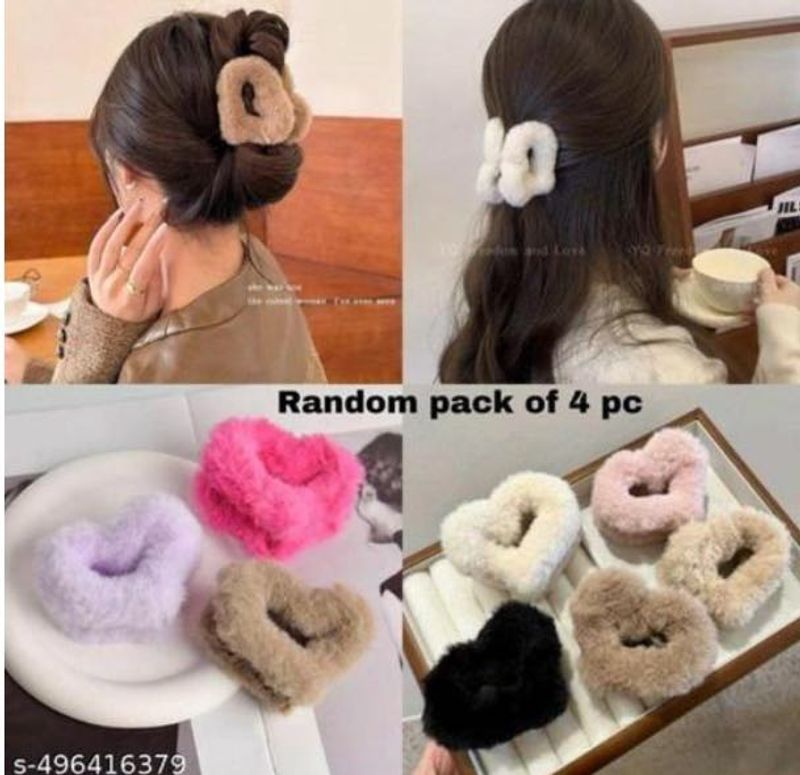 Fuzzy Heart Hair Clips (4-Pack)