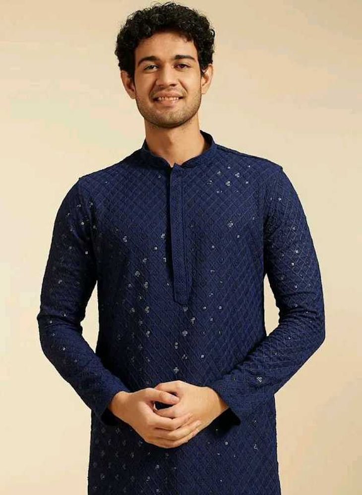 Navy Blue Embroidered Chikankari Kurta With Pajama