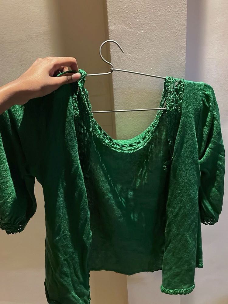 Green Crochet Trimmed Top