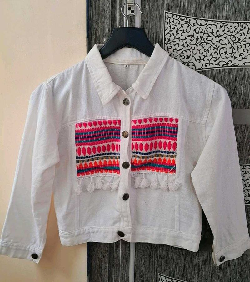 Boho Embroidered White Denim Jacket