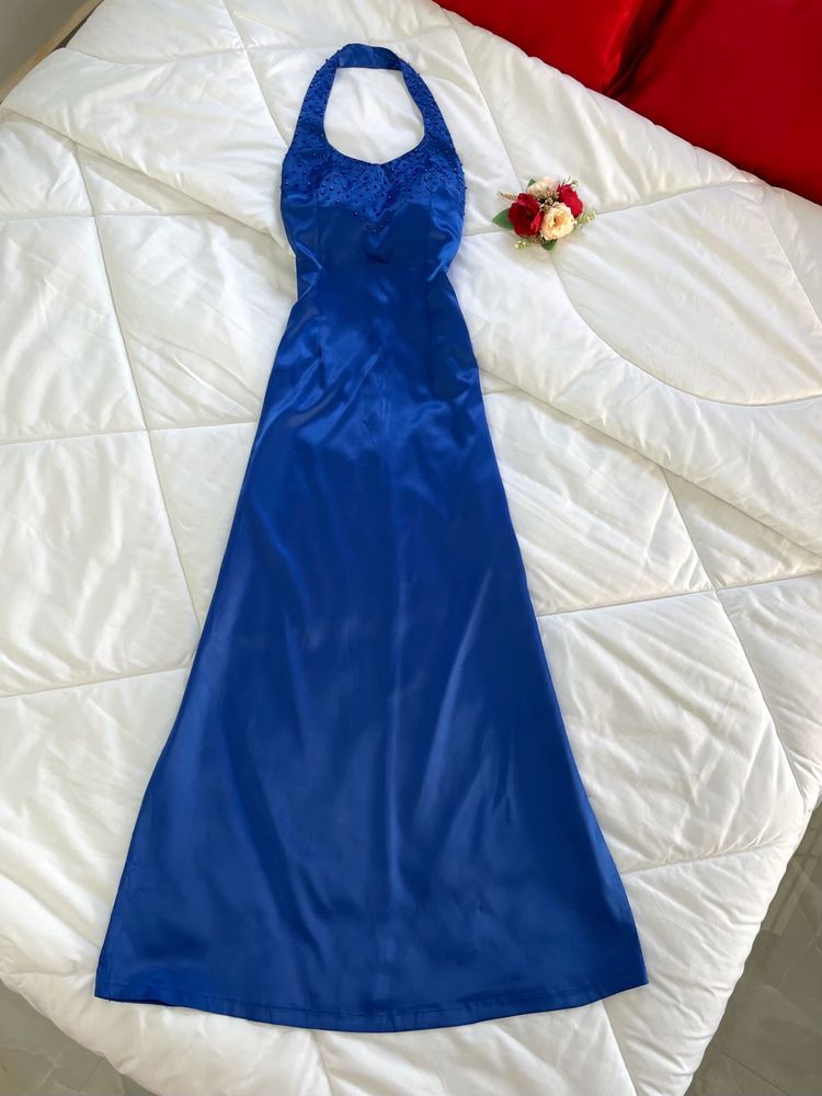 Y2k Vintage Royal Blue Halter Maxi Dress
