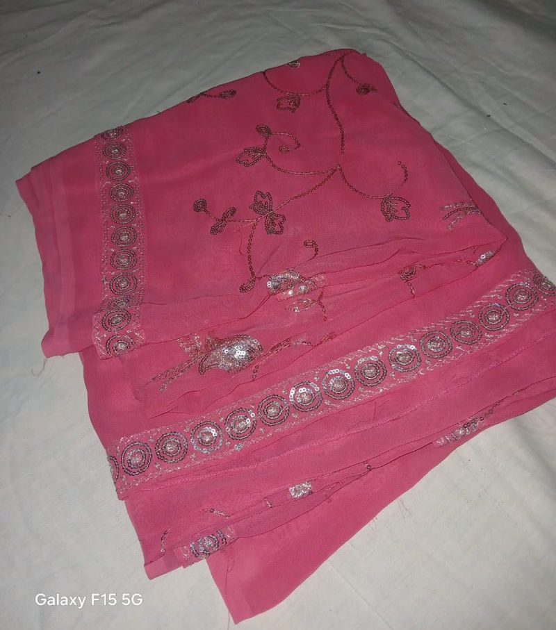 Pink Saree Chamki Computer Work With Blouse 👚