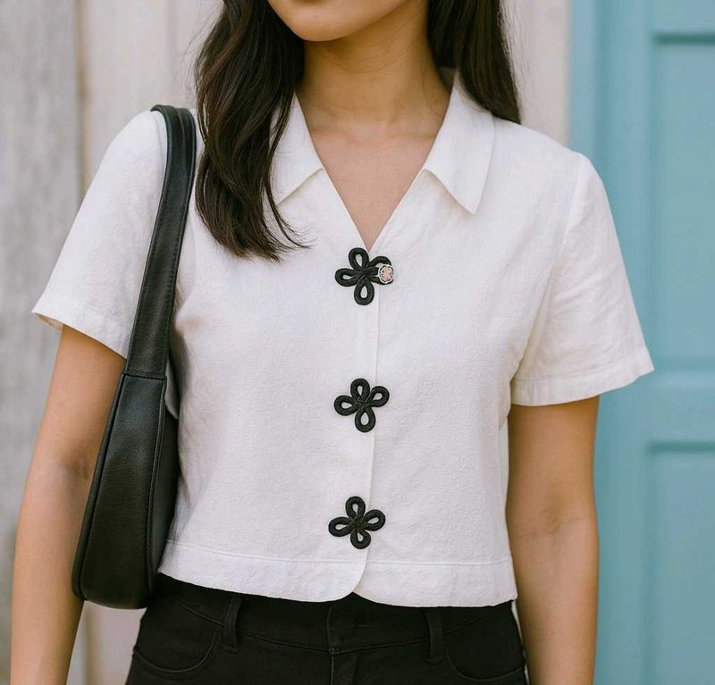 White Blouse with Floral Buttons