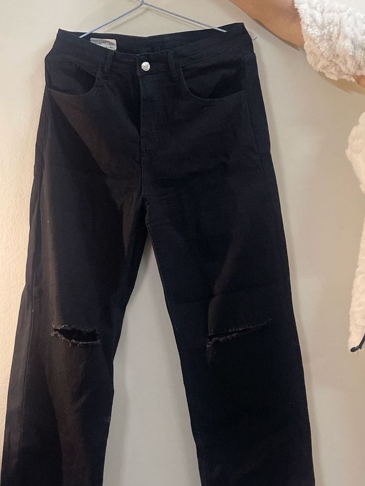 Black High Waisted Ripped Wide-leg Denim Jeans