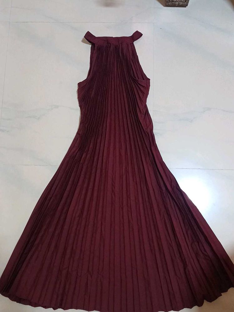 Maroon Pleated Halter Dress