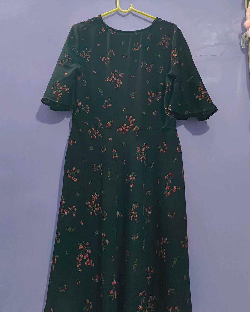 black Floral Midi Dress with Flared Sleeves