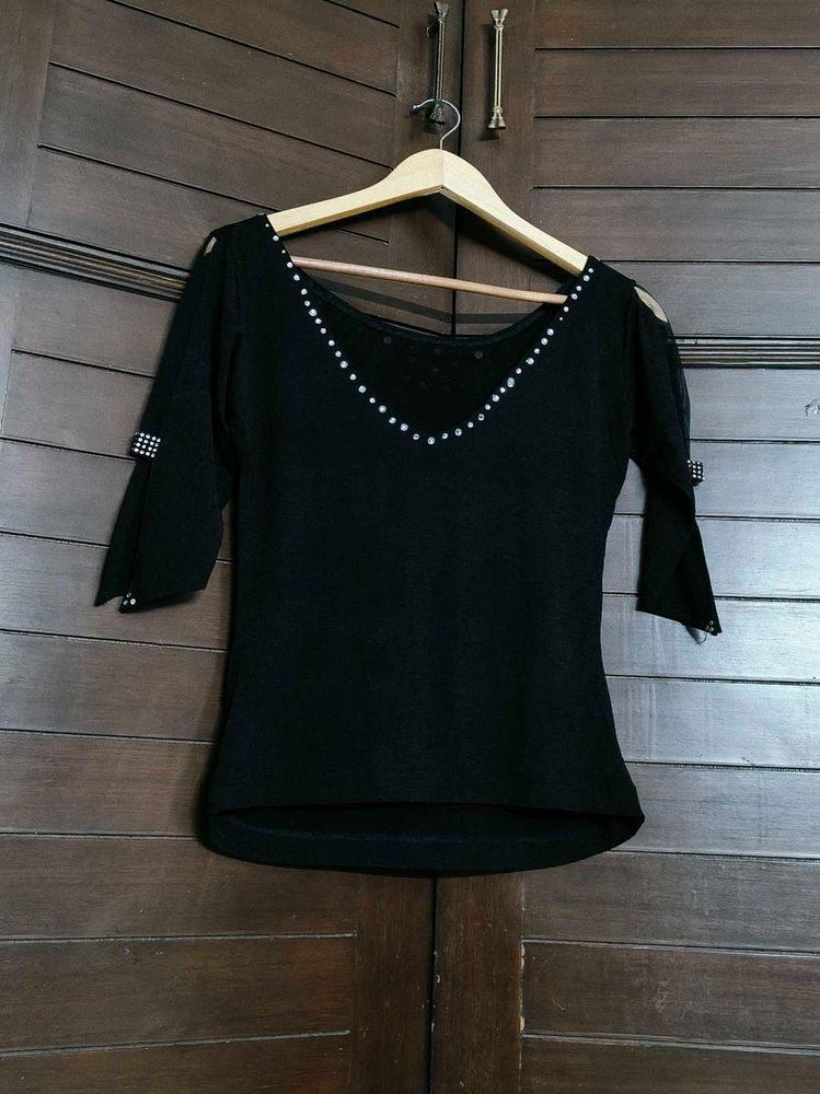 Women Black Sexy Deep V-neck Crystal Stone Top