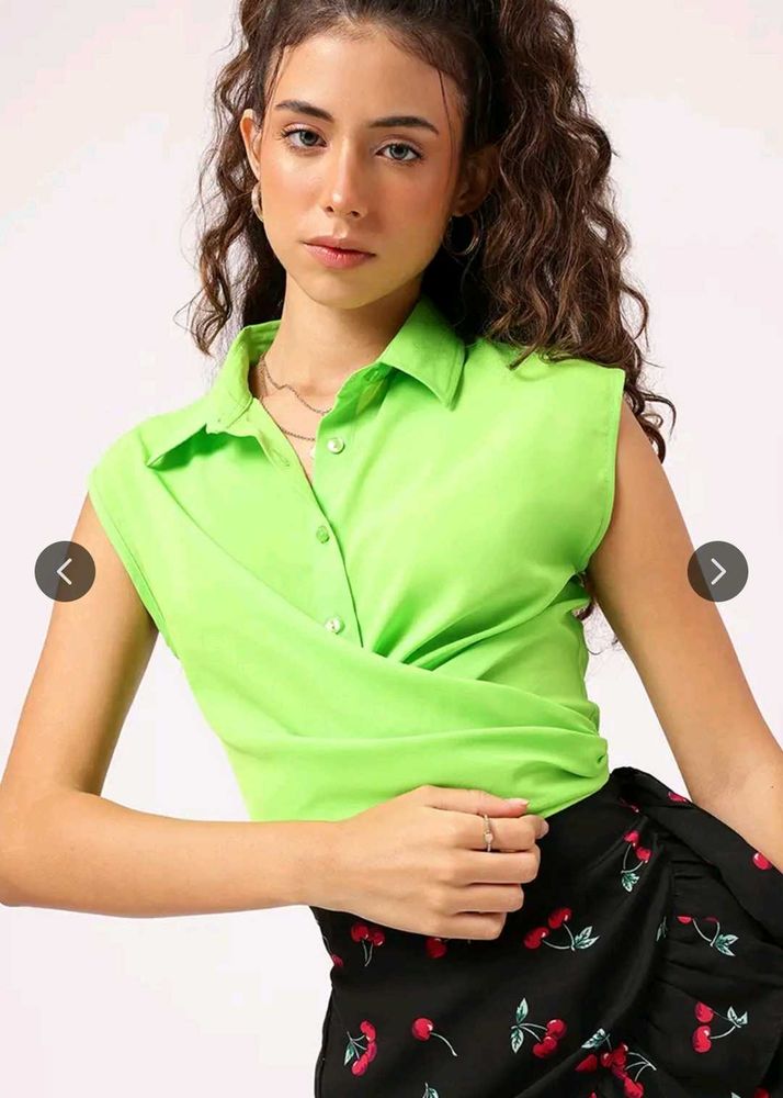 Dressberry solid shirt collar sleeveless wrap top
