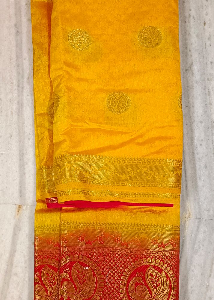 Brand New Golden &amp; Red Silk Saree