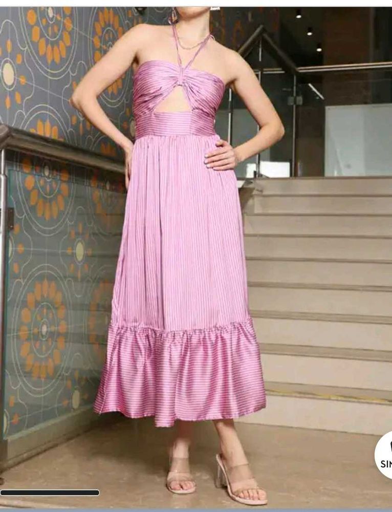 Pink Striped Cutout Midi Dress