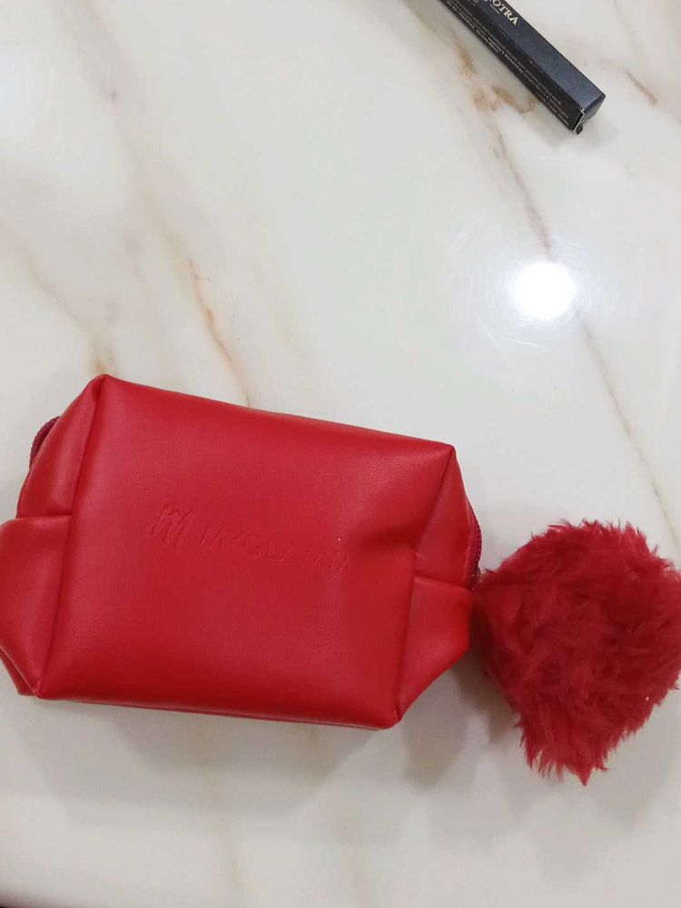 Red Cosmetic Bag with Pom-Pom