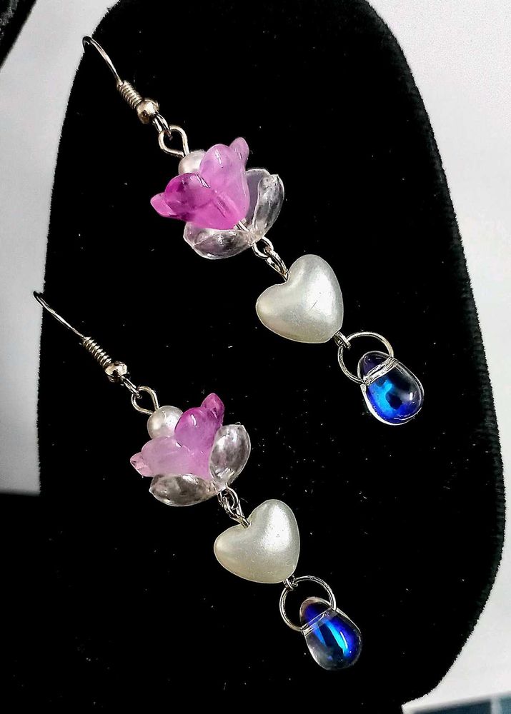 Handmade Flower Earrings with Heart and Drop