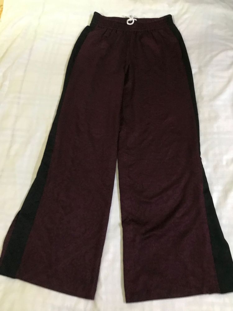 Maroon Wide Leg Pants With Slit Waist 30